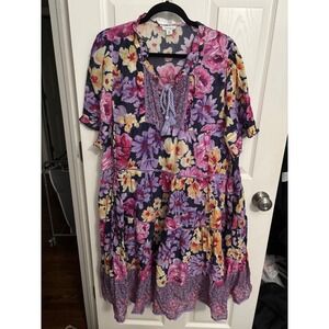 Sundance | Women's Floral Print Tassel‎ V Neck Tiered Dress Purple Sz XXL